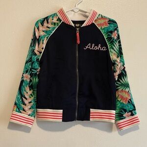 Oshkosh Aloha Embroidered Navy Bomber Jacket with Tropical Sleeves